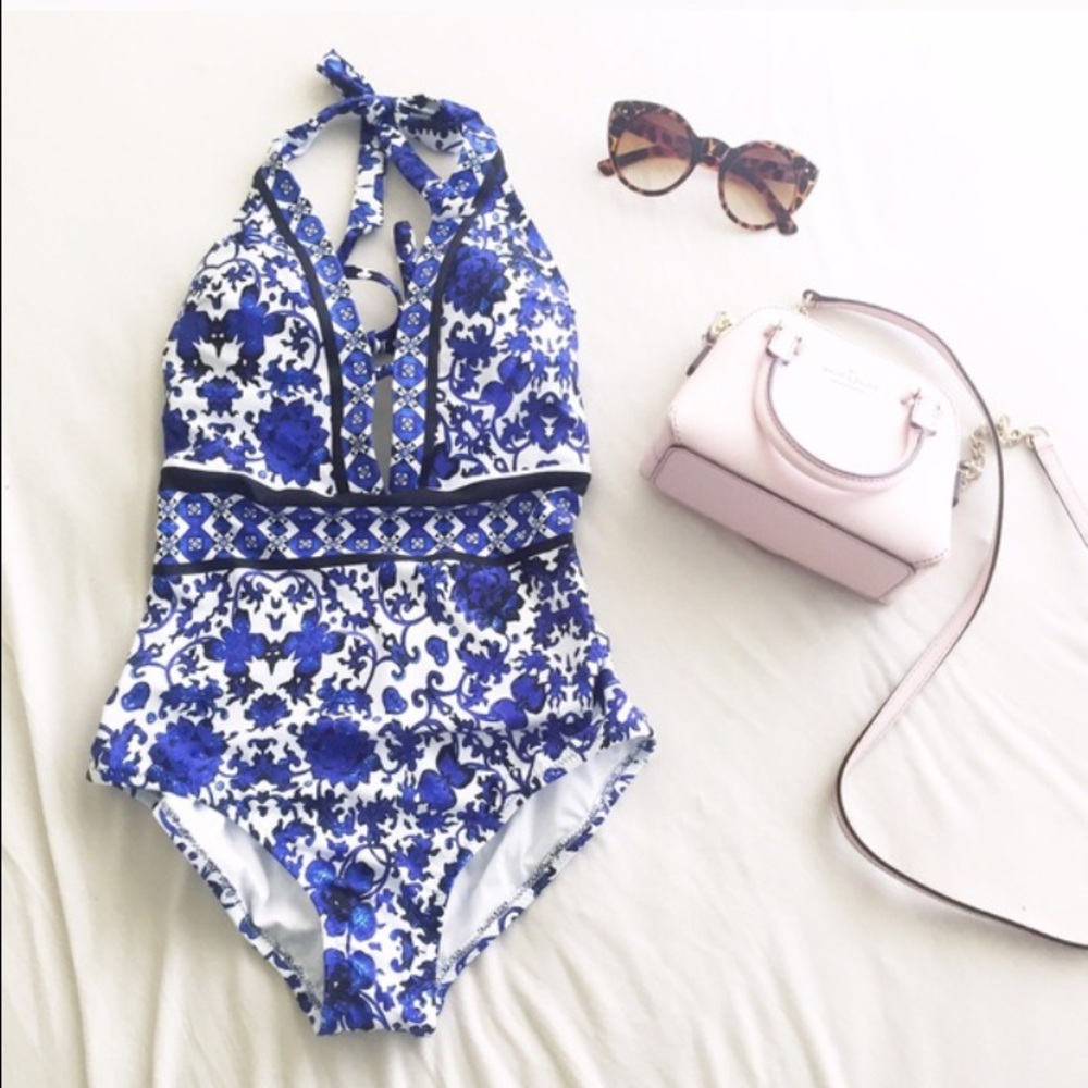Nanette Lepore Blue and White One-Piece Halter Swimsuit